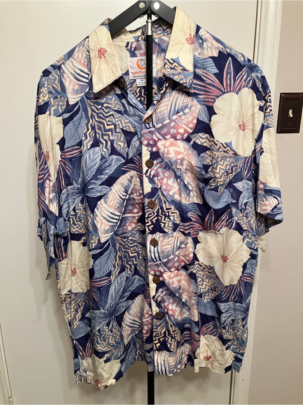 Pineapple Moon Men’s Hawaiian Aloha Button Down Shirt Blue Hibiscus - Medium
